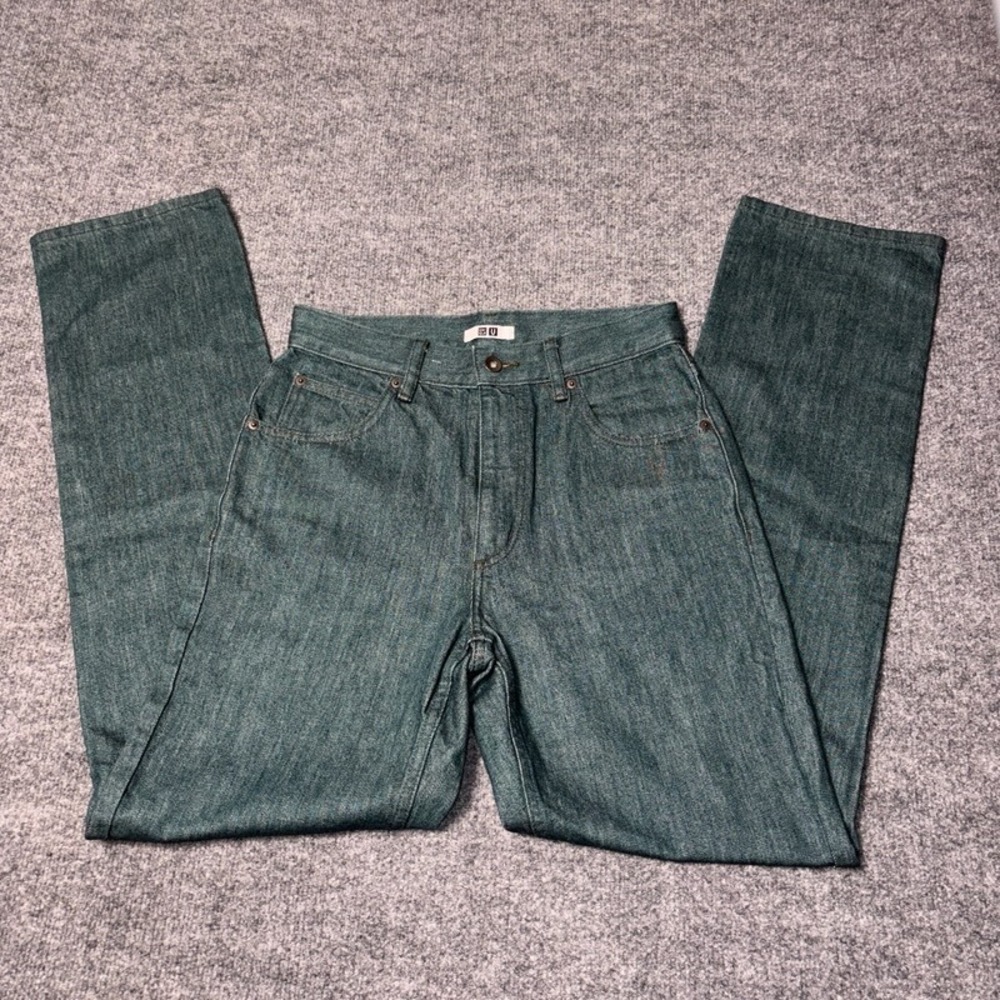 Uniqlo U Straight Leg Jeans Womens 25 Dark Green High-Rise Denim Cotton